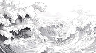 水墨风汹涌海浪图景