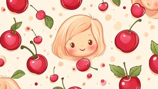 可爱女孩与樱桃无缝图案