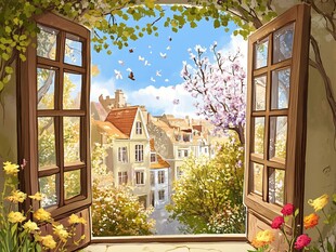 窗外春日烂漫的欧式景致