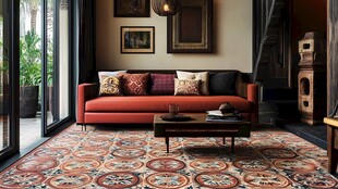 复古风客厅沙发地毯布置