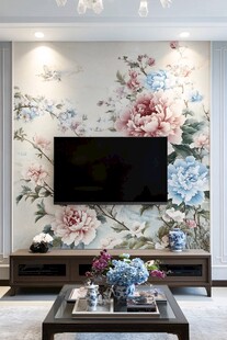 中式花卉电视背景墙装饰