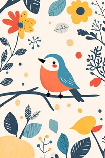 枝头小鸟与缤纷花卉图案