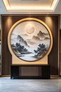 中式玄关山水圆形装饰画