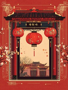 中式新春门楼灯笼美景