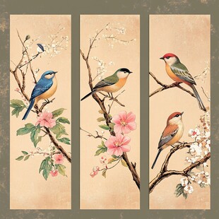 花鸟三联画 春日灵动瞬间