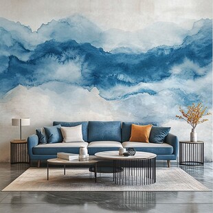 蓝调山水风客厅沙发场景
