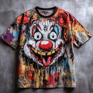 个性小丑涂鸦印花短袖T恤