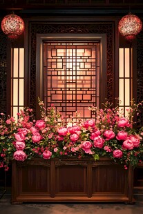 中式花窗下的烂漫牡丹