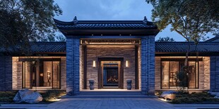 中式雅致庭院建筑夜景
