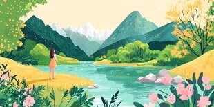 女孩赏景于山水花草间