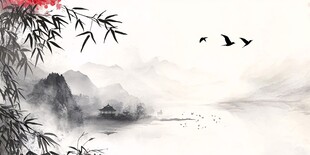 水墨山水间的竹影飞鸟