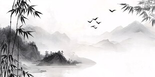水墨山水间 竹影飞鸟情