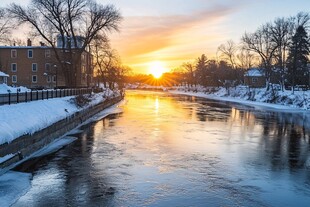 冬日河畔的绝美落日景象