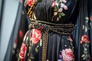 繁花黑裙搭配精致链条腰带