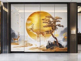 中式玄关金色鹿松艺术画