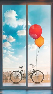 窗前单车与缤纷气球景致