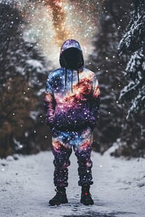 星空图案服装在雪地中展示