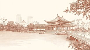 中式园林湖畔古建筑风景