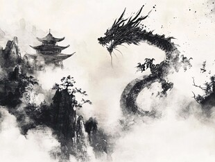 水墨龙舞于山水楼阁间