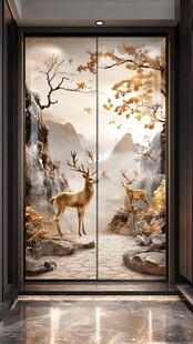 中式玄关鹿影山水艺术画