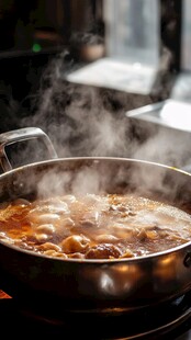 热气腾腾的美味火锅烹饪中