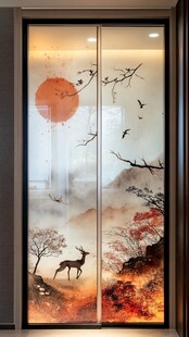 中式山水鹿影移门图案