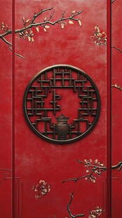 中式红门 精致雕花与花枝
