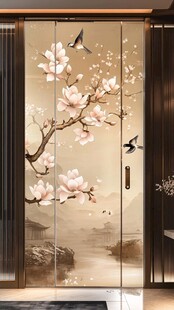 玉兰花鸟中式移门装饰画