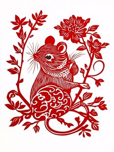 鼠年剪纸艺术花朵环绕鼠