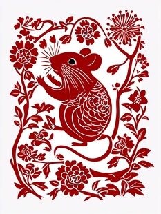 鼠年剪纸艺术 花卉环绕