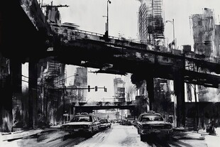 黑白城市高架桥街景画面