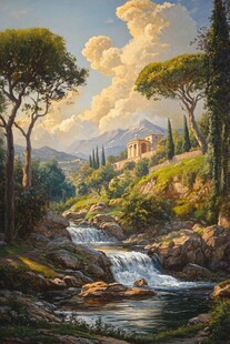 山间瀑布旁的古典景致