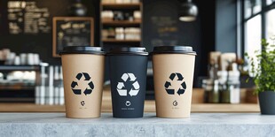 三个带回收标志的咖啡杯