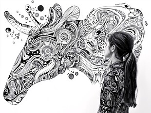 女孩与奇幻花纹牛头