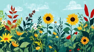 夏日绚烂花草风景插画