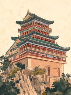 中式古典楼阁立岩石之上
