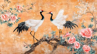 双鹤栖枝牡丹图