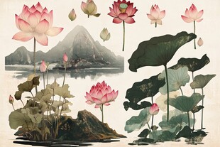 水墨荷花山水植物元素集