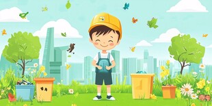 儿童在城市绿地快乐垃圾分类