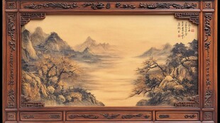 中式木雕框内山水国画