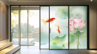 中式荷花金鱼艺术玻璃移门