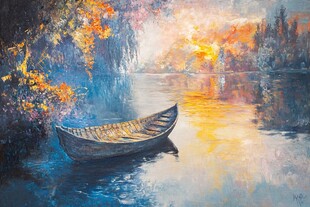 湖畔孤舟秋景油画