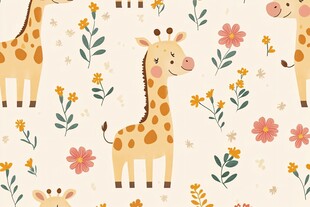 可爱长颈鹿花卉无缝图案