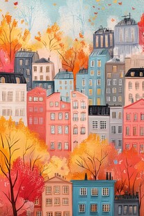 秋日多彩城市建筑风景图