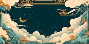 国风云海仙鹤中式边框背景