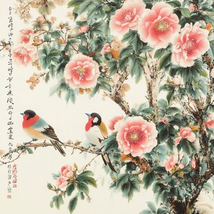 花鸟图绘 双鸟栖于繁花间