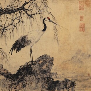 古画中独立岩石的丹顶鹤