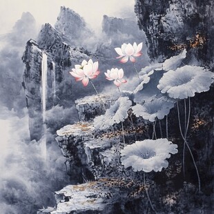 水墨山水间的清雅荷花景