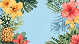 热带花卉菠萝清新背景图