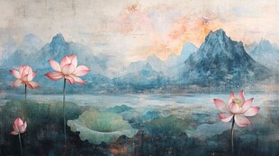 水墨山水间的娇艳荷花